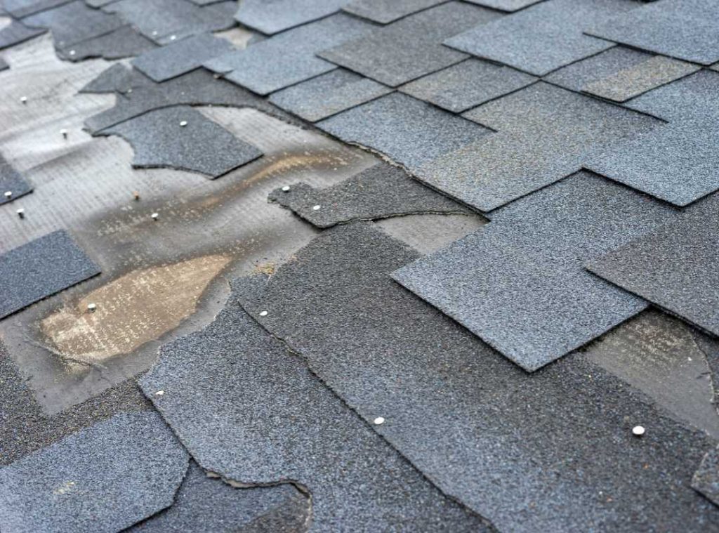 Worn out roof shingles.