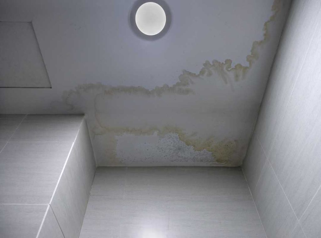 water stains on the ceiling due to a leaking roof.
